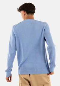 Maglione lavorato a maglia di color blu chiaro, con scollatura a girocollo, polsini e orlo a coste. Presenta un design senza cuciture sulle spalle e una texture morbida.