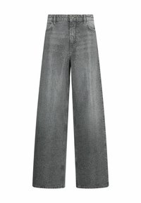 Široke traperice u sivoj denim tkanini, s teksturiranim uzorkom podignutih točaka. Uključuje prednje dugme i zatvarač.