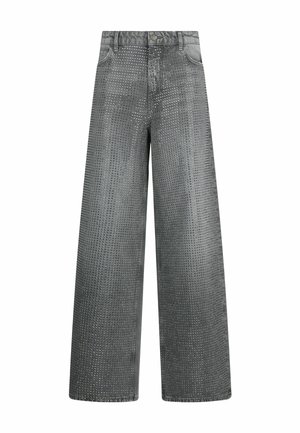 Graue Jeans im weit geschnittenen Stil aus Denim mit einem strukturierten Muster aus erhabenen Punkten. Mit einem Knopf- und Reißverschluss vorne.