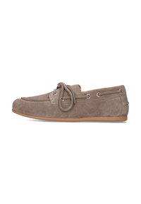 Graue Wildleder-Loafers mit runder Zehenform, einer vorderen Schnürung und Metallösen. Gummisohle mit glatter Oberfläche.