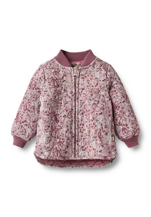 Quiltet lyserød og lilla toddlerjakke med blomster- og paisley-mønstre, ribbet krave og manchetter samt lynlås i fronten.