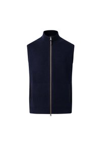 Mornarica bez rukava napravljena od mekog materijala, s visokim ovratnikom i punim prednjim zatvaračem. Ima bočne džepove s suptilnim šavnim detaljima.