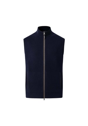 Mornarica bez rukava napravljena od mekog materijala, s visokim ovratnikom i punim prednjim zatvaračem. Ima bočne džepove s suptilnim šavnim detaljima.