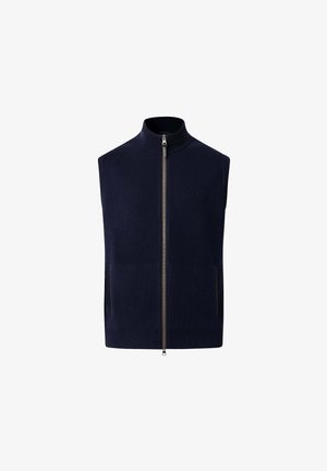 Marine zonder mouwen vest van zacht materiaal, met een hoge kraag en een volledige rits aan de voorkant. Bevat zijzakken met subtiele stiksels.