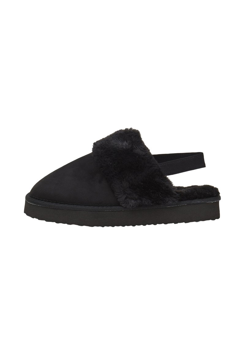Pantofole in suede nero con una morbida fascia in pelliccia sintetica e una suola in gomma solida. Presentano una punta arrotondata e un design aperto sul retro.