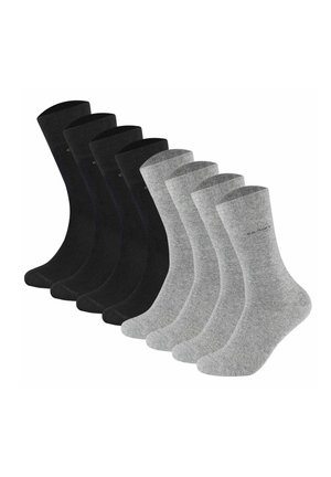 Vier Paar schwarze Socken und vier Paar graue Socken, in zwei Reihen angeordnet, vor weißem Hintergrund dargestellt.