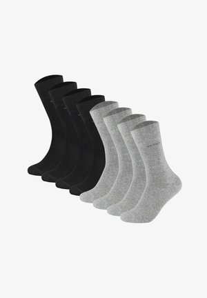 Vier Paar schwarze Socken und vier Paar graue Socken, in zwei Reihen angeordnet, vor weißem Hintergrund dargestellt.