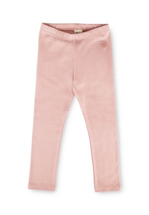 Leggings morbidi rosa per bambini piccoli con vita elastica e piccolo logo ricamato sulla parte superiore della coscia sinistra.