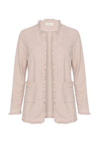 Jasnoróżowy kardigan z falbankowymi krawędziami, dwoma przednimi kieszeniami i długimi rękawami. Tkanina o fakturze z otwartym przodem.