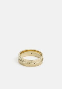 Gold-colored ring featuring a twisted design with a textured surface and engraved accents, made from stainless steel. Interior marked "FOSSIL STEEL."