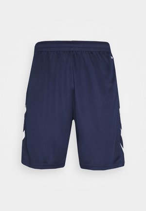 Pantaloni sportivi navy con vita regolabile, tessuto morbido e dettagli bianchi laterali con un motivo geometrico.