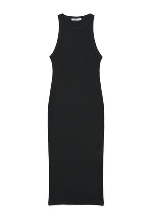 Abito midi nero senza maniche, a costine, con collo alto e silhouette aderente, steso su uno sfondo bianco.
