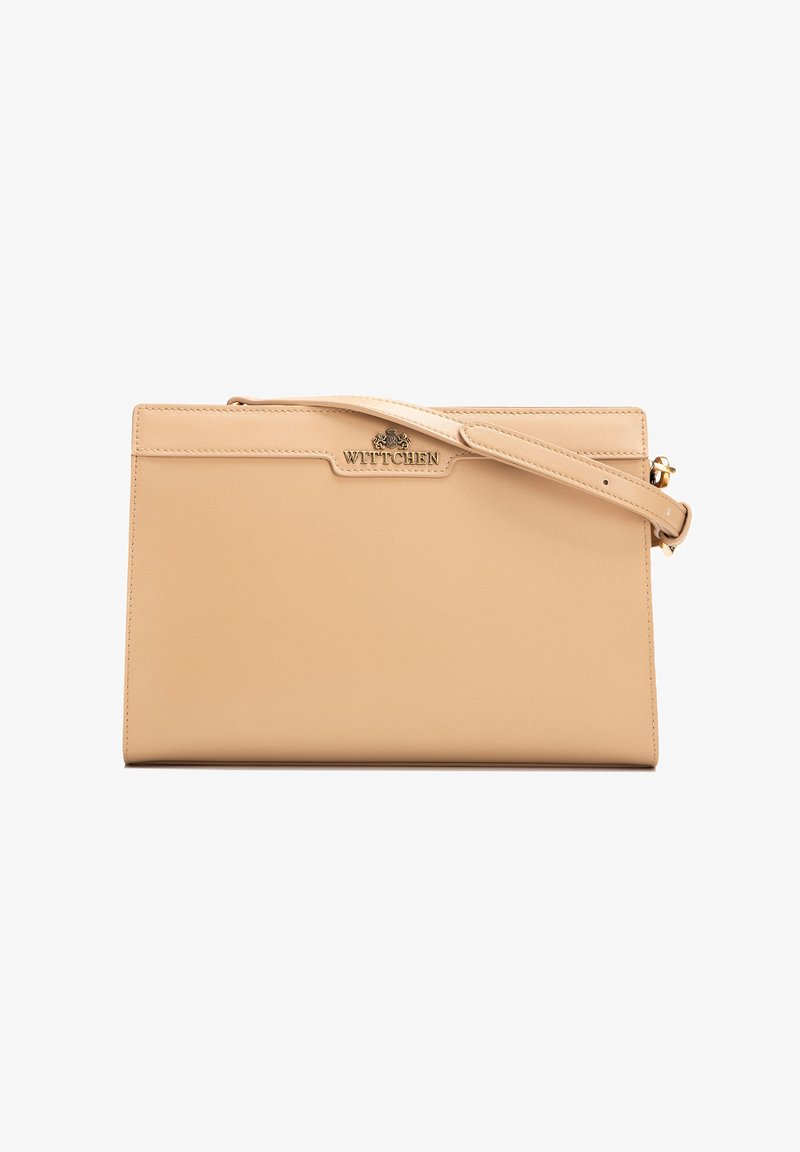 Beige leather clutch bag with a slim wrist strap and gold Wittchen logo centered near the top edge against a white background.