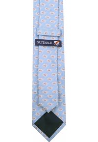  Lichtblauwe stropdas met een herhalend patroon van kleine, geïllustreerde monden. Een donkergroene achterkant en een zwart "SUITABLE" label.