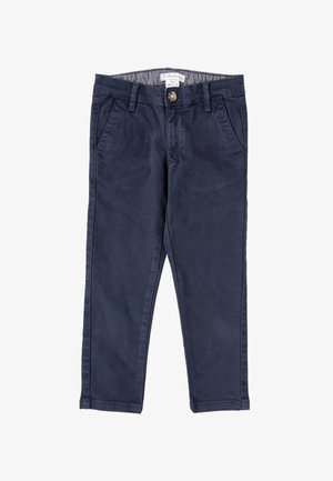 Pantalones de mezcla de algodón azul marino con una textura suave, que cuentan con cuatro bolsillos, cierre frontal con botón y un diseño de pierna recta.