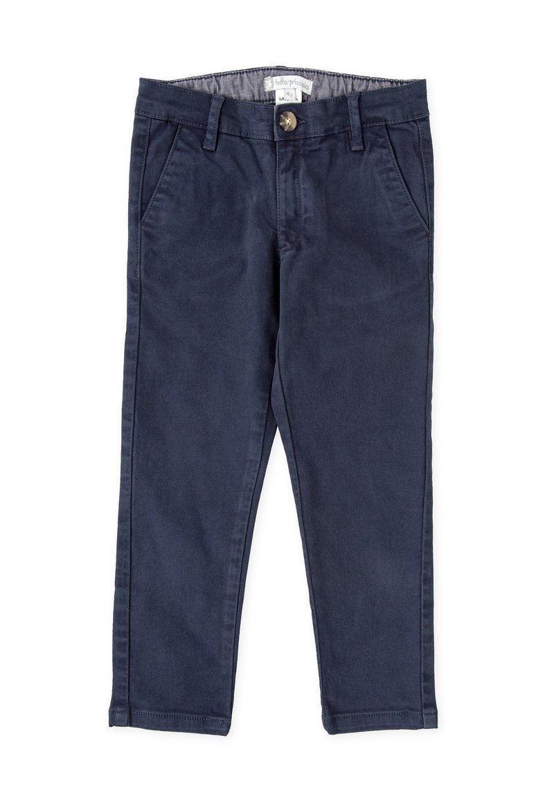 Pantalons en mélange de coton bleu marine avec une texture lisse, comportant quatre poches, une fermeture à bouton à l'avant et une coupe droite.
