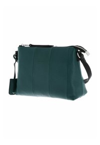 Sac en cuir vert foncé avec une finition texturée, doté d'une fermeture éclair, d'accents noirs et d'une bandoulière amovible. Forme rectangulaire avec des coutures.