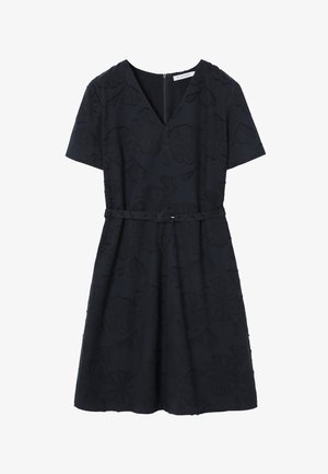 Schwarzes Kurzarmkleid mit V-Ausschnitt, dezentem Blumenmuster, tailliertem Gürtel und A-Linien-Rock, Reißverschluss auf der Rückseite.