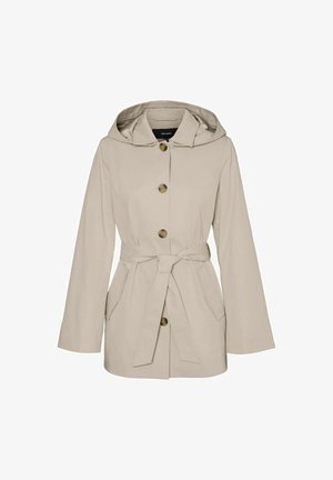 Imperméable beige avec une capuche, boutons à l'avant, taille ceinturée et poches latérales. Fabriqué en matériau lisse et imperméable.