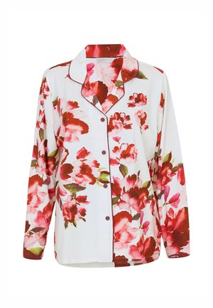 Witte bloemenpyjama-overhemd met grote rode en roze bloemen. Knopenlijst aan de voorkant, lange mouwen en een kraag met contrasterende afwerking.