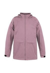 Helle rosa wasserdichte Jacke mit hohem Kragen, Frontreißverschluss und verstellbarem Kordelzug in der Taille. Mit schwarzen Bündchen und einem Logodetail.