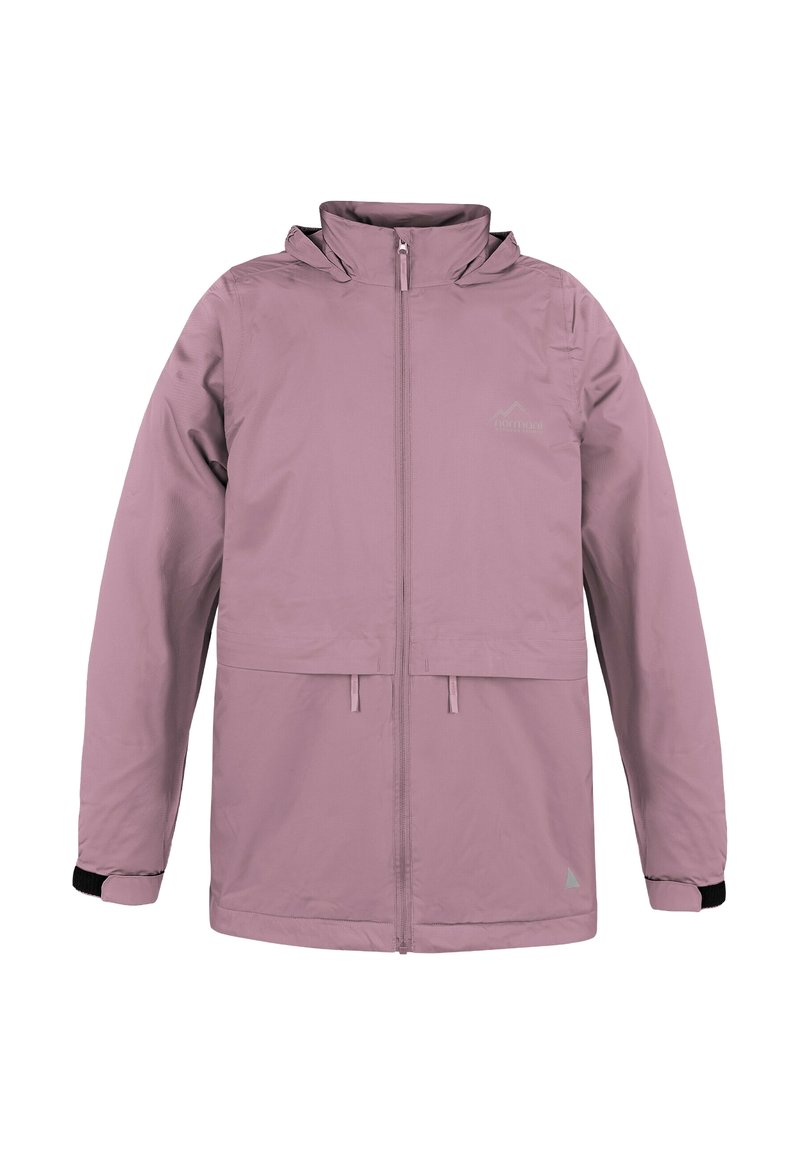 Helle rosa wasserdichte Jacke mit hohem Kragen, Frontreißverschluss und verstellbarem Kordelzug in der Taille. Mit schwarzen Bündchen und einem Logodetail.