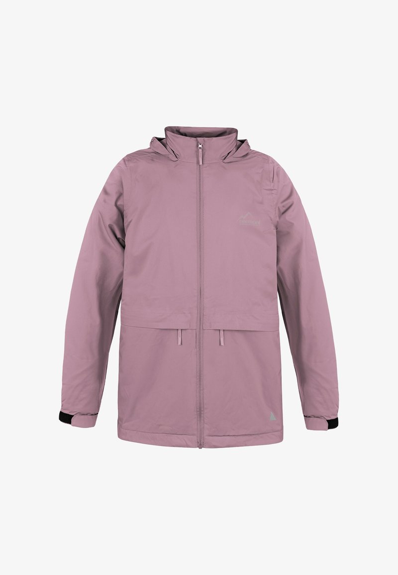 Helle rosa wasserdichte Jacke mit hohem Kragen, Frontreißverschluss und verstellbarem Kordelzug in der Taille. Mit schwarzen Bündchen und einem Logodetail.