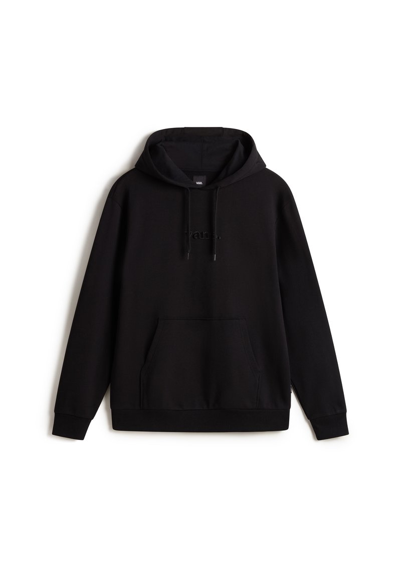 Schwarzer Kapuzenpullover aus Baumwollmischung mit Kängurutasche, gerippten Bündchen und einem dezenten Logo auf der Brust.