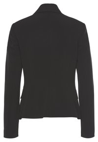 Zwarte op maat gemaakte blazer met een gestructureerde kraag, lange mouwen en zijzakken. Glad materiaal met een getailleerd ontwerp en een lichte flair bij de taille.