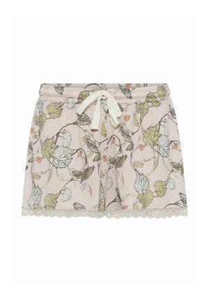 Pantaloni corti floreali realizzati in tessuto leggero, con uno sfondo rosa pastello e motivi di foglie verdi e arancioni, vita elastica e bordo in pizzo.