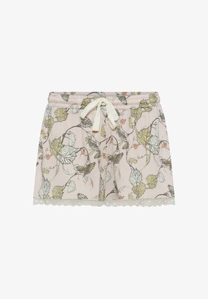 Floral shorts made from light fabric, featuring a pastel pink background with green and orange leaf patterns, elastic waist, and lace trim.