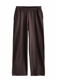 Pantalon ample marron foncé avec une taille élastique et des détails visibles de coutures verticales sur le devant.