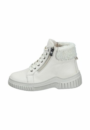 Weißer High-Top-Sneaker mit seitlichem Reißverschluss, Schnürsenkeln, dicker Sohle und Futter aus Fleece am Kragen für Wärme und Komfort.