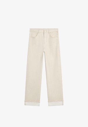 Beige straight-leg pants with front pockets, button closure, and turned-up cuffs, displayed on a white background.