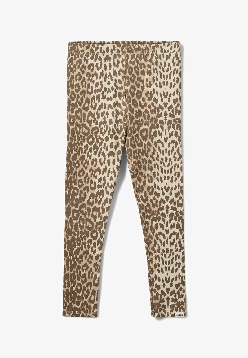 Brune og beige leopardprint leggings med elastisk taljebånd og en lille hvid mærkeetiket nær den nederste kant.