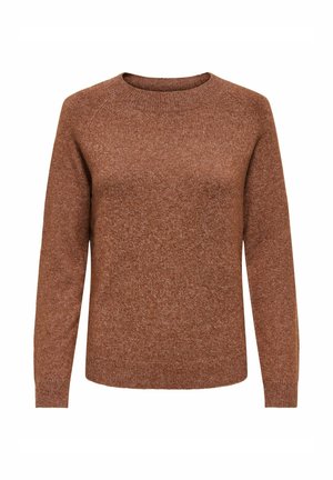 Pull en tricot marron avec un col rond, des manches longues et une finition texturée. Coupe décontractée avec une couleur unie et chaude.