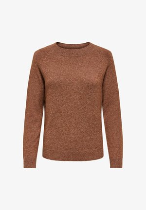 Ruskea neulottu villapaita, jossa on pyöreä pääntie, pitkät hihat ja teksturoitu pinta. Rentoa istuvuutta ja yksinkertainen, lämmin väri.