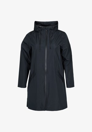 Veste imperméable noire avec capuche, fermeture éclair à l'avant et poches latérales. Présente une coupe décontractée et des réglages avec cordon pour une fermeture sécurisée.