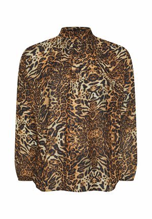 Leopardi-kuosiset puserot, jossa on korkea kaulus, pitkät hihat ja löysä siluetti. Valmistettu kevyestä kankaasta, jossa on vaihtelevaa ruskeaa ja mustaa sävyä.