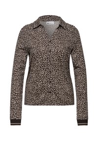 Chemise à manches longues avec boutons, imprimé léopard marron et beige, et poignets rayés.