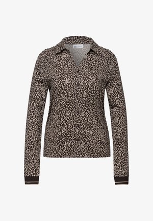 Koszula na guziki z długim rękawem w brązowy i beżowy wzór w cętki oraz paski na mankietach.