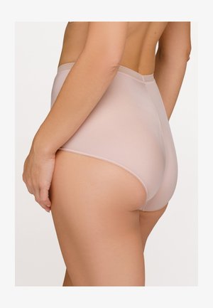 Bielizna o wysokim stanie w jasnoróżowym kolorze, wykonana z gładkiego, elastycznego materiału z minimalnymi szwami, zaprojektowana z myślą o komforcie i dyskretnym noszeniu.