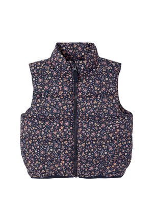 Navy blue sleeveless puffer vest with pink and beige floral print and front zipper closure.