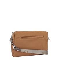 Borsa a tracolla sintetica beige con chiusura a zip, dotata di una tasca frontale e di una tracolla grigia removibile con dettagli del logo.