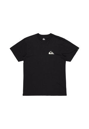 Black cotton T-shirt with short sleeves, crew neckline, and a small white logo patch on the left chest area. Clean, simple design.