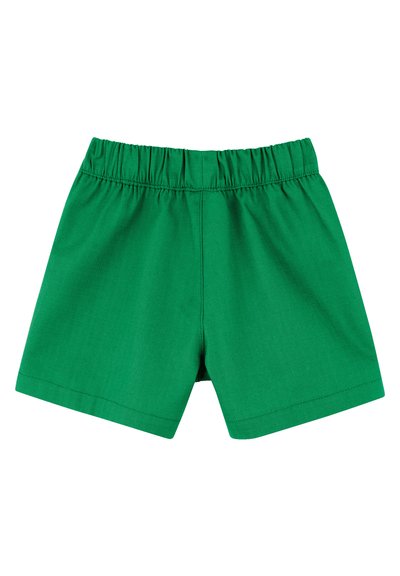 Pantaloni corti in cotone verde con vita elasticizzata, caratterizzati da un design semplice e una texture liscia. Senza tasche o dettagli aggiuntivi.