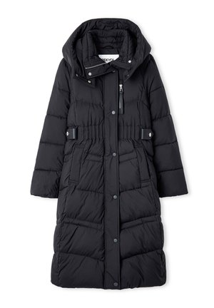 Schwarzer gepolsterter langer Mantel mit Taillierung, Kapuze, Frontreißverschluss, Druckknöpfen und zwei seitlichen Taschen. Glatte, gesteppte Textur.