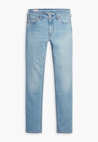 Light blue denim jeans with a straight leg cut, classic five-pocket design, metal hardware accents, and stitching details.