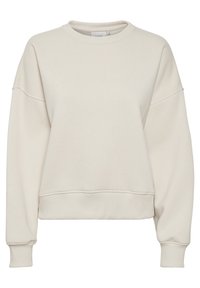 Felpa color crema con collo a giro, spalle scese e polsini a costine. Tessuto morbido e strutturato con vestibilità comoda.