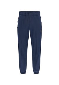 Tamsiai mėlyni joggingo kelnes, pagamintos iš lengvo audinio, su elastinga juosta, šoninėmis užtrauktukų kišenėmis ir elastingais rankogaliais. Tekstūruotas dizainas.